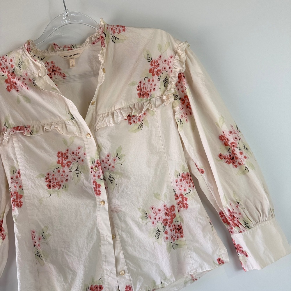 Rebecca Taylor Maia Floral Blouse Women Size 0 Pink Ruffle Cotton Top 118935B631 - Picture 4 of 13